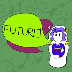Fototapeta premium Conceptual hand writing showing Future. Business photo showcasing Period of time following the present moment Events that will happen Girl Holding Book with Hearts Around her and Speech Bubble.