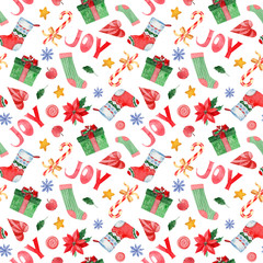 Watercolor seamless pattern with icons of Happy New Year and Christmas Day.