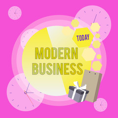 Conceptual hand writing showing Modern Business. Business photo showcasing Introduction to the philosophy of large corporate enterprise Greeting Card Poster Gift Package Box Decorated by Bowknot.