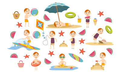 Set redhead boy in swimsuits on the beach. Summer holidays. Beach rest, games and surfing. Vector illustration