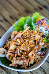 Deep Fried squid tentacles with fried garlic,  local food or Thai street food.