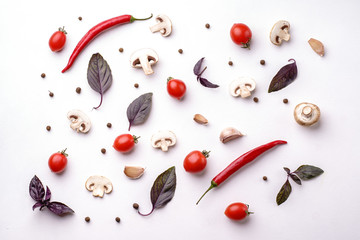 Culinary background, Italian food, vegetarian and healthy eating. Variety of vegetables and herbs on white table. Flat lay, top view