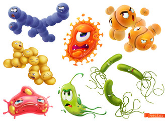 Virus, bacteria. Diplococcus, streptococcus, helicobacter pylori, pneumococcus, staphylococcus aureus. Funny monster, cartoon character. 3d vector icon set
