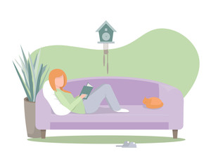 Young girl lying on the sofa at home and reading a book. Flat vector illustration.
