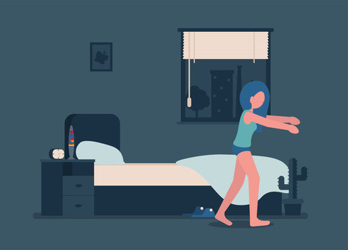 Young girl walks at night in a dream. Woman is sleepwalking. Flat vector illustration.