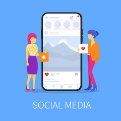 Two girls near the phone are holding signs. Image of a social media network. Flat vector illustration.