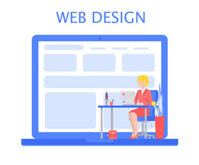 Designer woman with laptop at desk and computer. Web design. Flat vector illustration.