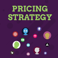 Word writing text Pricing Strategy. Business concept for set maximize profitability for unit sold or market overall Networking Technical Icons with Chat Heads Scattered on Screen for Link Up.