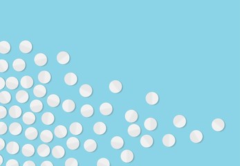 White pills. Top view. Template design for medical advertisment. Antibiotics, painkillers, vitamins or aspirin.