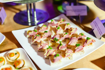 Beef Smoke on Bread with Vinaigrette on White Plate Cocktail Canapes.