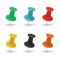 Set of colorful office push pins. Thumbtacks icon. Top view.