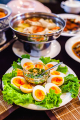 Group of Thai Food, Boiled Eggs with Fish Sauce a Healthy Food Thai Food on the Table.