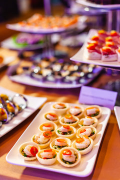 Yummy of Taboulet Salad and Prawn in Tarlets Cocktail Canapes in Wedding Ceremony.