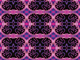 Seamless endless repeating multicolored vivid ornament of purple and pink onov on dark background