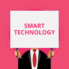 Text sign showing Smart Technology. Conceptual photo gadgets or device that has a built in computer or chip Old fashioned way to pick people at airport hold big board with two hands.