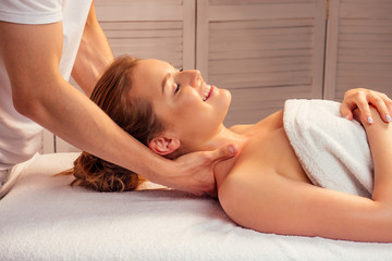 beautiful woman therapy neck massaging