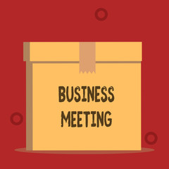 Word writing text Business Meeting. Business concept for used discuss issues that cannot be addressed in simple way Close up front view open brown cardboard sealed box lid. Blank background.