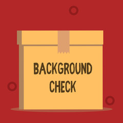 Word writing text Background Check. Business concept for way to discover issues that could affect your business Close up front view open brown cardboard sealed box lid. Blank background.