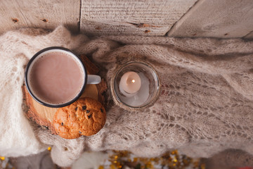 hot chocolate warming drink wool throw cozy autumn winter cookies, christmas holiday background, copy space, top view