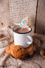 hot chocolate warming drink wool throw cozy autumn winter cookies, christmas holiday background, copy space, top view