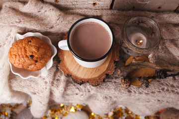 hot chocolate warming drink wool throw cozy autumn winter cookies, christmas holiday background, copy space, top view