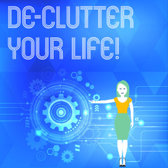 Conceptual hand writing showing De Clutter Your Life. Concept meaning remove unnecessary items untidy or overcrowded places Woman Presenting the SEO Process with Cog Wheel Gear inside