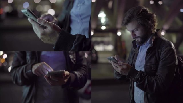 Collage of medium and close up shots of handsome young Caucasian man with beard in leather jacket standing outside, typing on phone, smiling. Front and side views. Work, communication concept