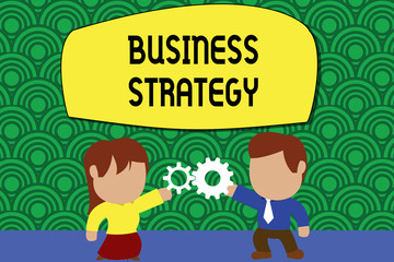 Word writing text Business Strategy. Business photo showcasing Management game plan to achieve desired goal or objective Standing young couple sharing gear. Man tie woman skirt commerce relation