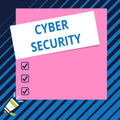 Conceptual hand writing showing Cyber Security. Concept meaning Protect a computer system against unauthorized access Speaking trumpet on bottom and paper on rectangle background