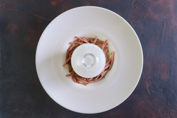 Traditional cold belorussian soup with beef, cucumber, radish and kefir