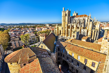 Cathedral of Saint-Just et Saint Pasteur and Narbonne historical city center as seen from the tower of the city hall. Occitanie, France