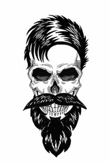 Monochrome illustration barbershop of skull with beard, mustache, hipster haircut and on white background, cartoon, angry, beautiful, brutal.