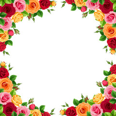 Vector frame with red, pink, orange and yellow roses.