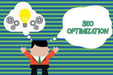 Handwriting text Seo Optimization. Conceptual photo process of affecting online visibility of website or page Standing man suit hands up imaginary bubble light bulb gears working together