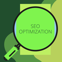Writing note showing Seo Optimization. Business concept for process of affecting online visibility of website or page Round magnifying glass with iron handle frame to look bigger