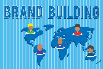 Conceptual hand writing showing Brand Building. Concept meaning Generating awareness Establishing and promoting company Connection multiethnic persons all Global business earth map