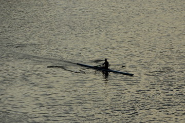 Single rower silhouette rowing into the sunrise on the river