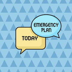 Text sign showing Emergency Plan. Business photo showcasing Procedures for response to major emergencies Be prepared Pair of Overlapping Blank Speech Bubbles of Oval and Rectangular Shape