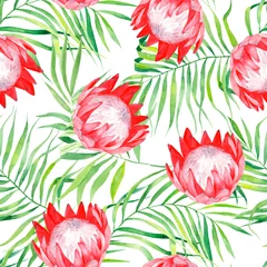 Fototapeten Watercolor exzotic print, leaves palm and protea flowers. Pattern with tropical plants isolated on white background may be used as background texture, wrapping paper, textile or wallpaper design © Anna