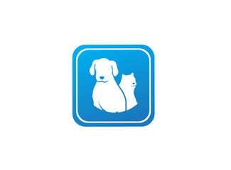 Dog beside cat a friendly pet family logo design illustration in a shape icon