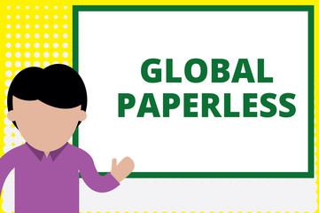 Text sign showing Global Paperless. Business photo text going for technology methods like email instead of paper Young man standing in front whiteboard pointing to project. photo Art