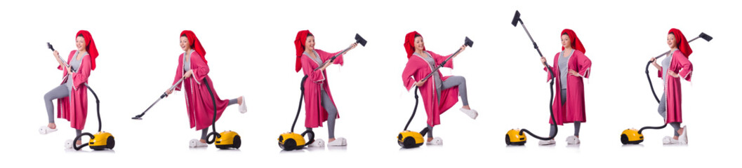 Woman working with vacuum cleaner on white