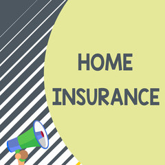 Writing note showing Home Insurance. Business concept for Covers looses and damages and on accidents in the house Old design of speaking trumpet loudspeaker for talking to audience