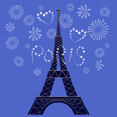 Fototapeta na wymiar Eiffel Tower on the background of festive fireworks. Vector graphic illustration.