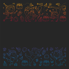 Vector illustration in cartoon style, active company of playful preschool kids jumping, at a party, birthday. gradient, drawing on blackboard.