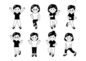 運動する女性たちのイラスト（黒）