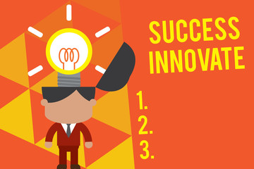 Handwriting text Success Innovate. Conceptual photo make organizations more adaptive to market forces Standing successful man suit necktie surging brilliant innovative solutions