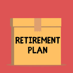 Handwriting text Retirement Plan. Conceptual photo saving money in order to use it when you quit working Close up front view open brown cardboard sealed box lid. Blank background
