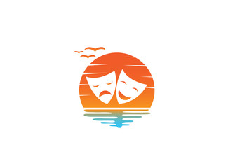 theatrical masks a double face two happy and sad faces for logo design illustration in a sun shape sunsite icon
