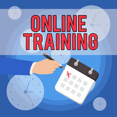 Text sign showing Online Training. Business photo showcasing Take the education program from the electronic means Male Hand Formal Suit Crosses Off One Day Calendar Red Ink Ballpoint Pen